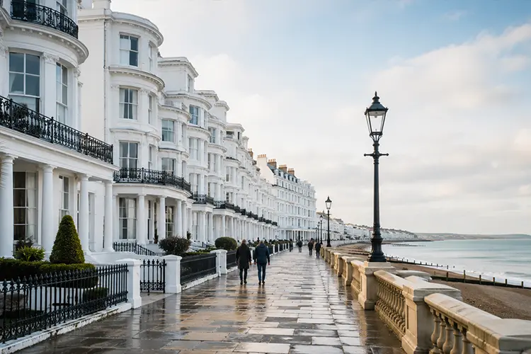 Regency white-stucco seafront terraces along the promenade in Brighton & Hove, East Sussex