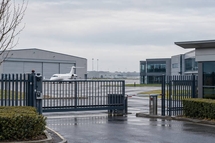 Secure perimeter beside a business-aviation airport and aerospace park in Farnborough, Hampshire