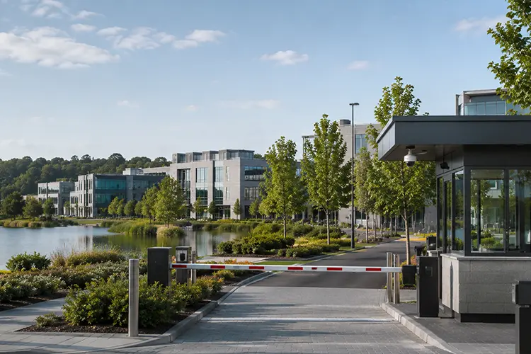 Modern science and technology park with landscaped grounds and a lake in Guildford, Surrey