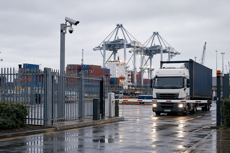 ontainer terminal and secure freight gate at the port in Southampton, Hampshire