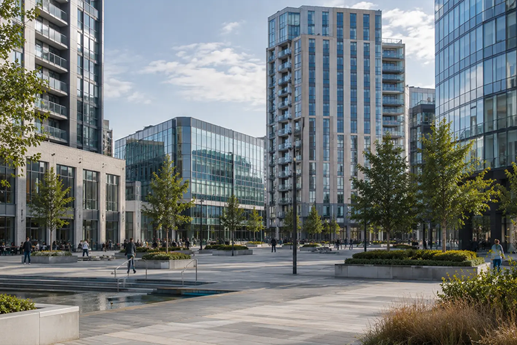 Modern glass-fronted town-centre towers and plaza in Woking, Surrey