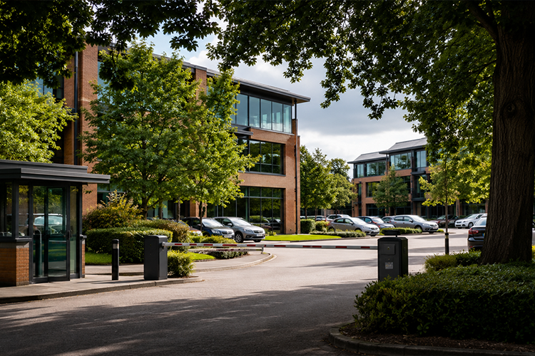 Landscaped business park with modern office buildings in Fleet, Hampshire
